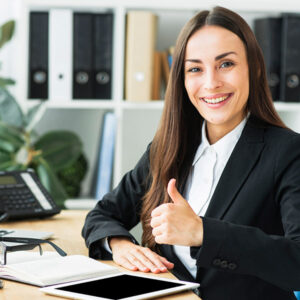 happy woman in office